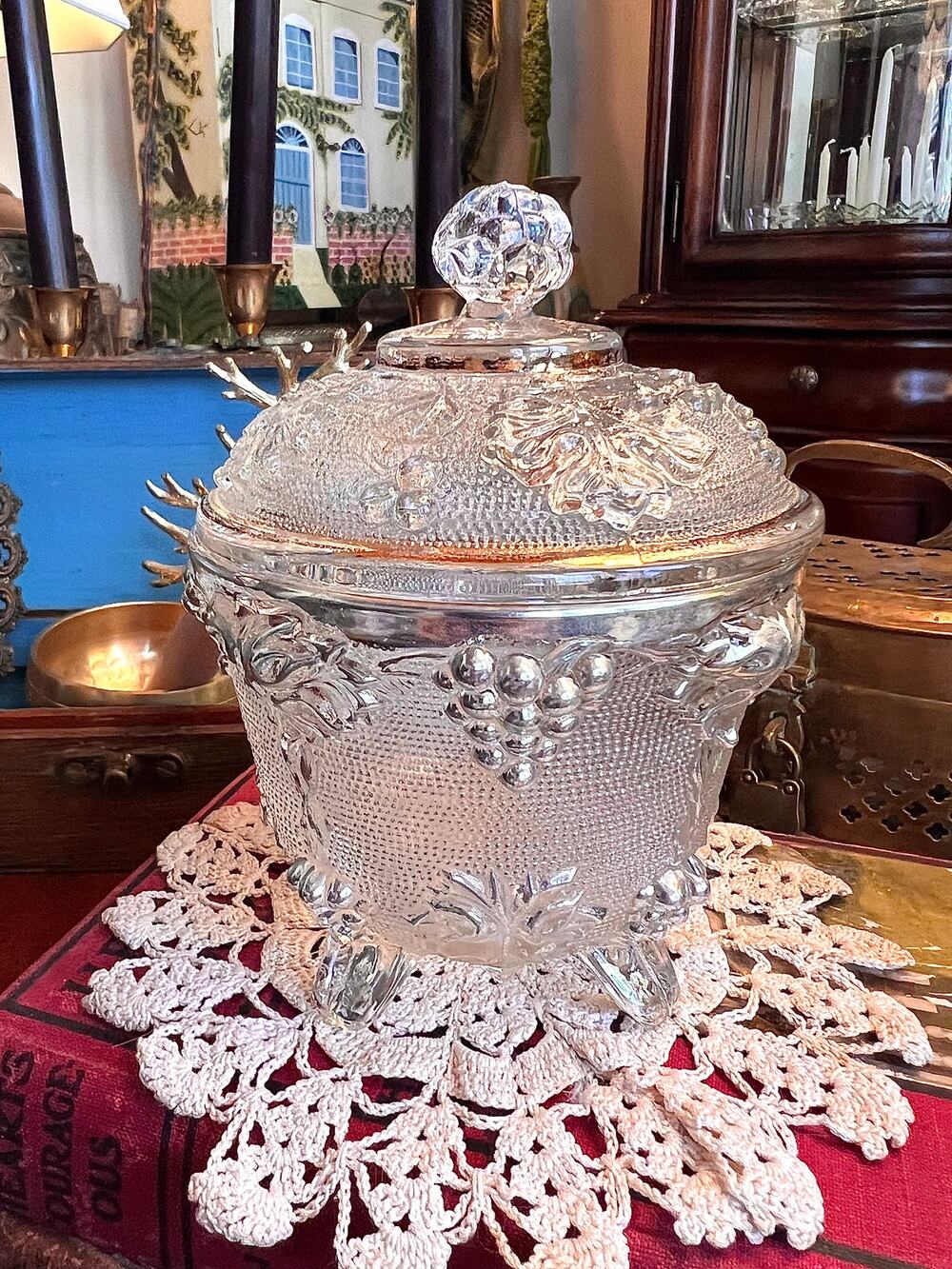 Vintage Jeannette Glass Footed Candy Dish with Silver Detail